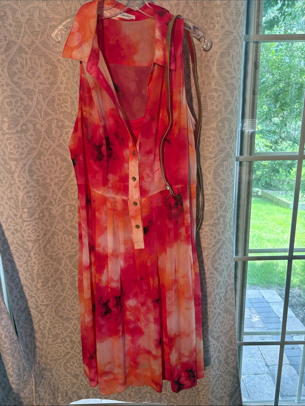 Calvin Klein 18  Belted,Sleeveless, Lined Collared Pink-Orange Watercolor Dress